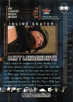2000 Fleer Adrenaline - Autographs #A Matt Lindenmuth Back